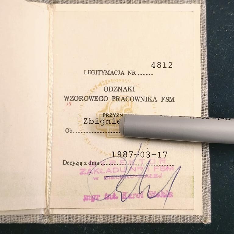 Legitymacja - Wzorowy Pracownik FSM, 1987 r.