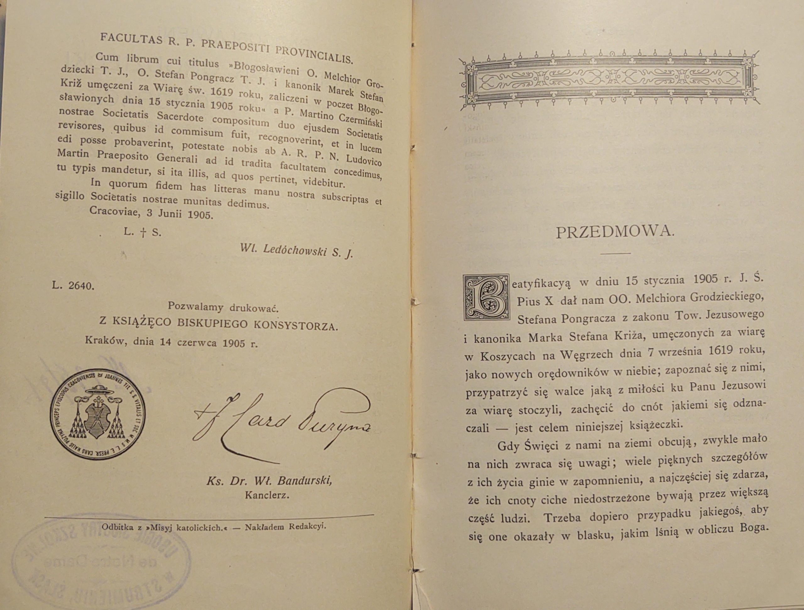 Książka "Błogosławieni O. Melchior Grodziecki, O. Stefan Pongracz i Marek Stefan Križ" X. Marcin Czermiński T. J., 1905 r.