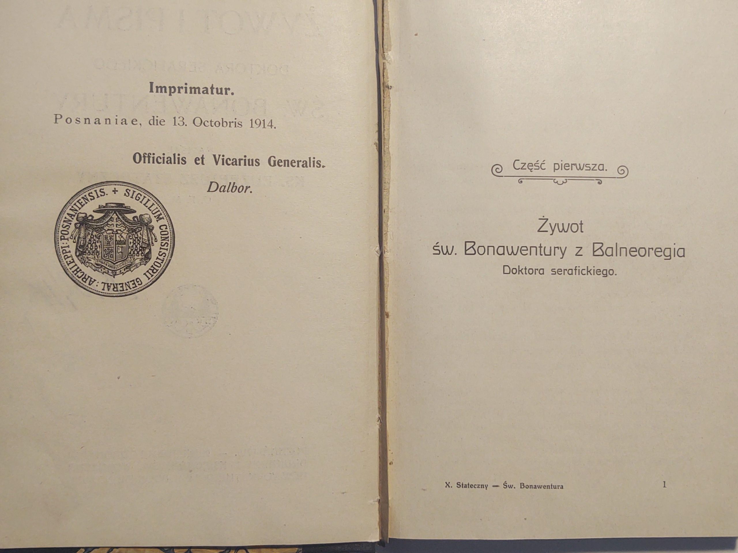 Książka "Żywot i pisma doktora serafickiego św. Bonawentury" Ks. Euzebiusz Stateczny O.F.M., 1915 r.
